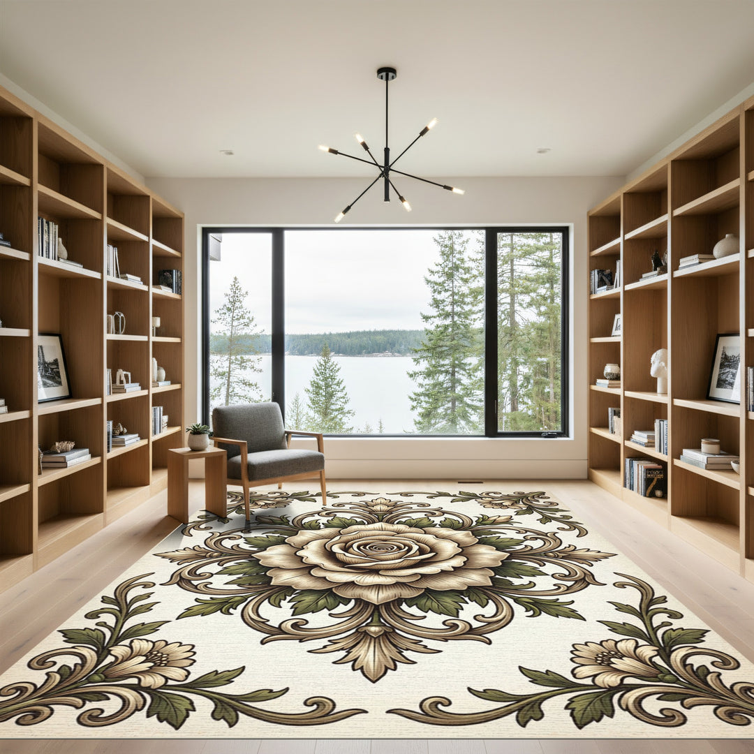 Cream Rose Floral Scrollwork Rug