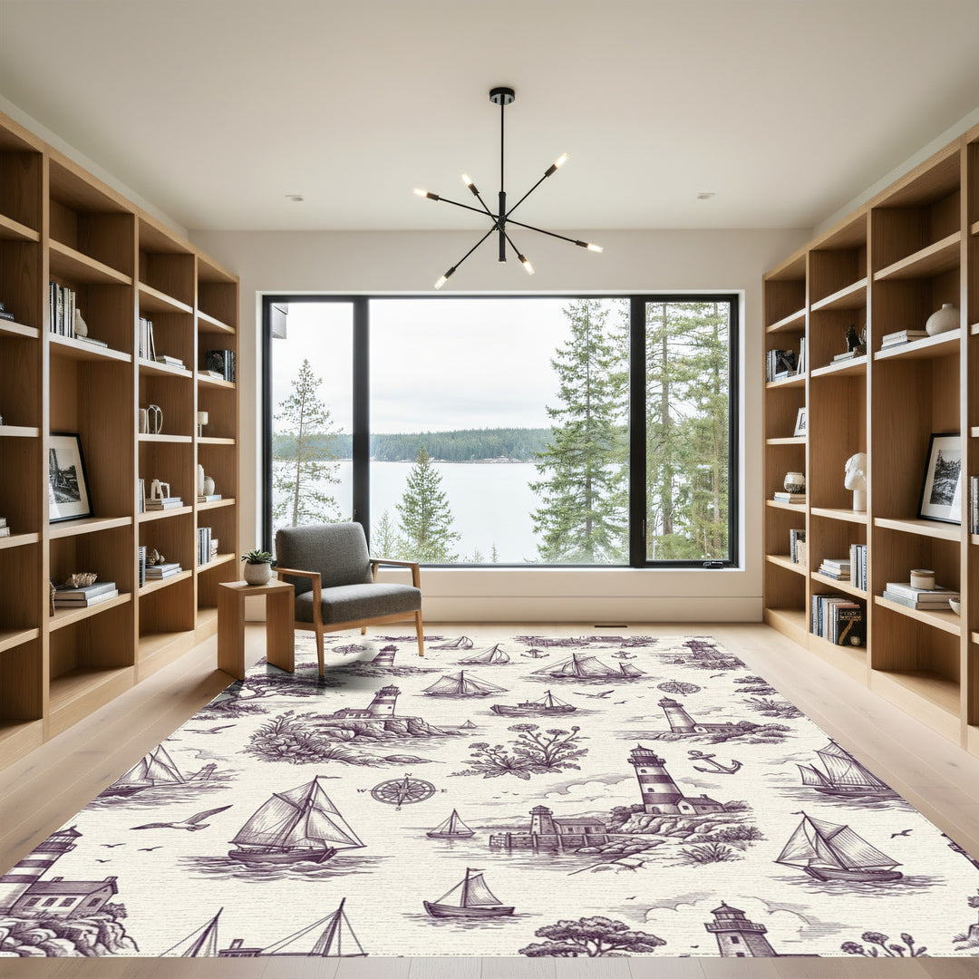 Nautical Coastal Lighthouse Sailboat Scene Rug