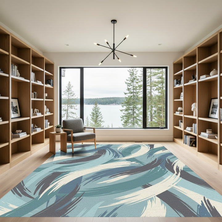 Coastal Blue Abstract Brushstroke Swirls Rug