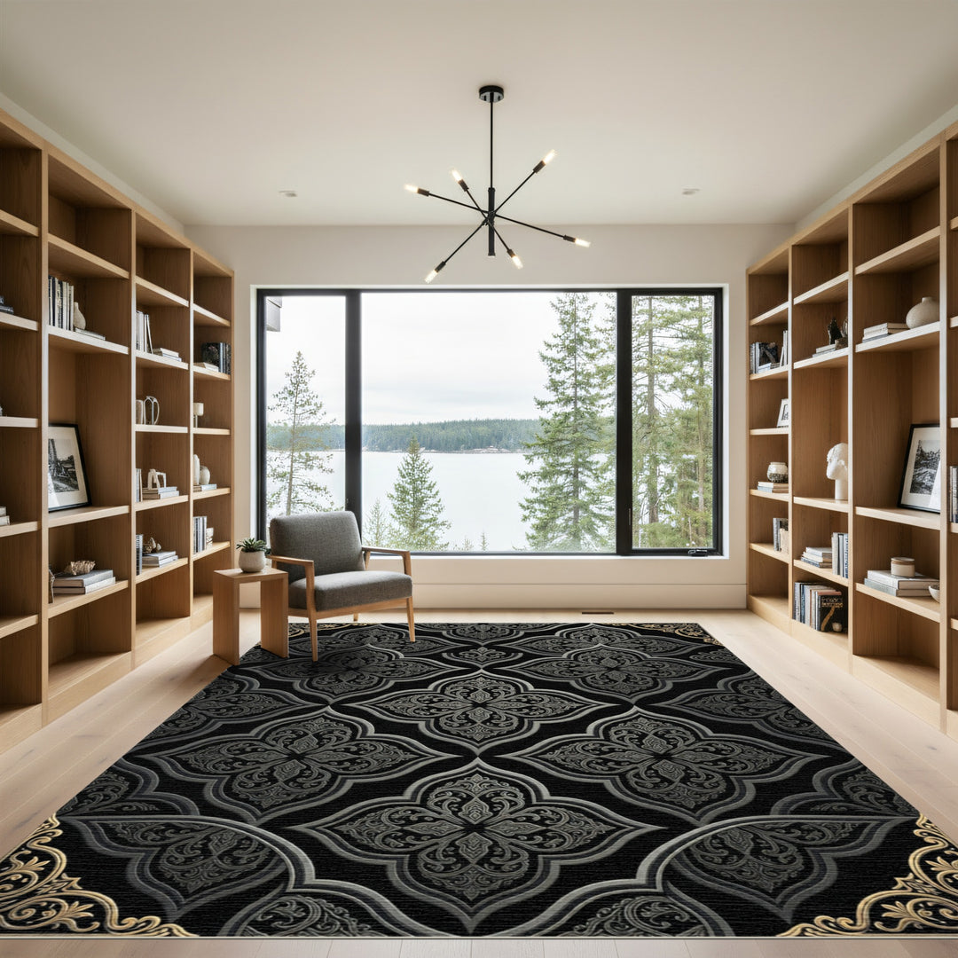 Ornate Black Gray Quatrefoil Relief Rug