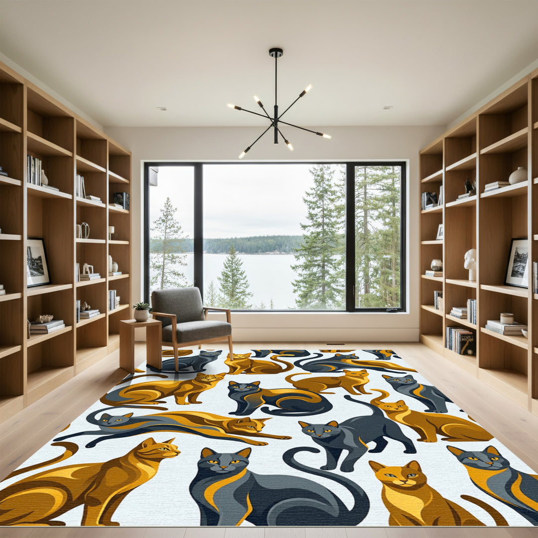 Golden And Grey Feline Pattern Rug