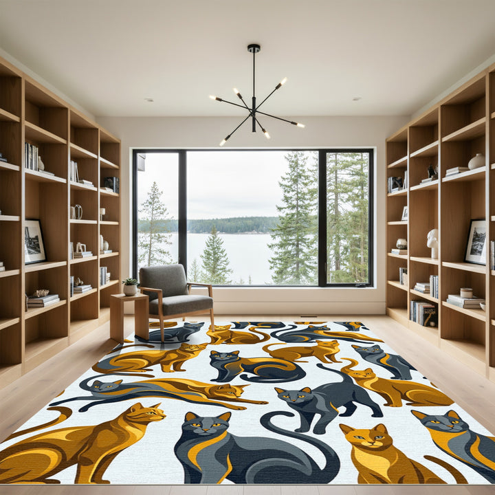Golden And Grey Feline Pattern Rug