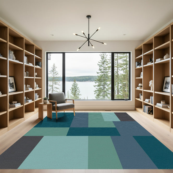 Serene Teal Slate Geometric Blocks Rug
