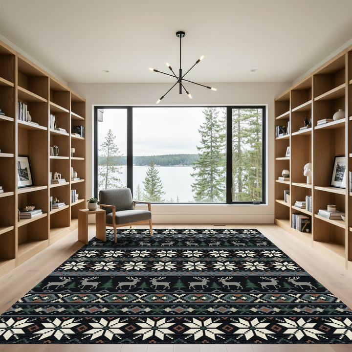 Nordic Winter Deer Snowflake Stripe Rug