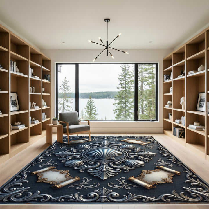 Ornate Seashell Scrollwork Emblem Rug