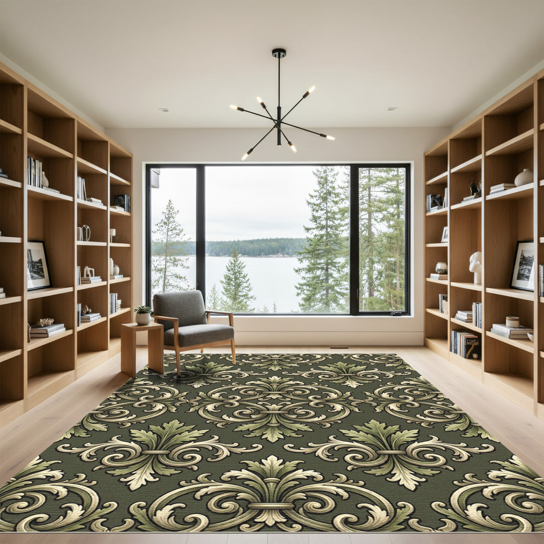 Ornate Laurel Green Floral Damask Rug