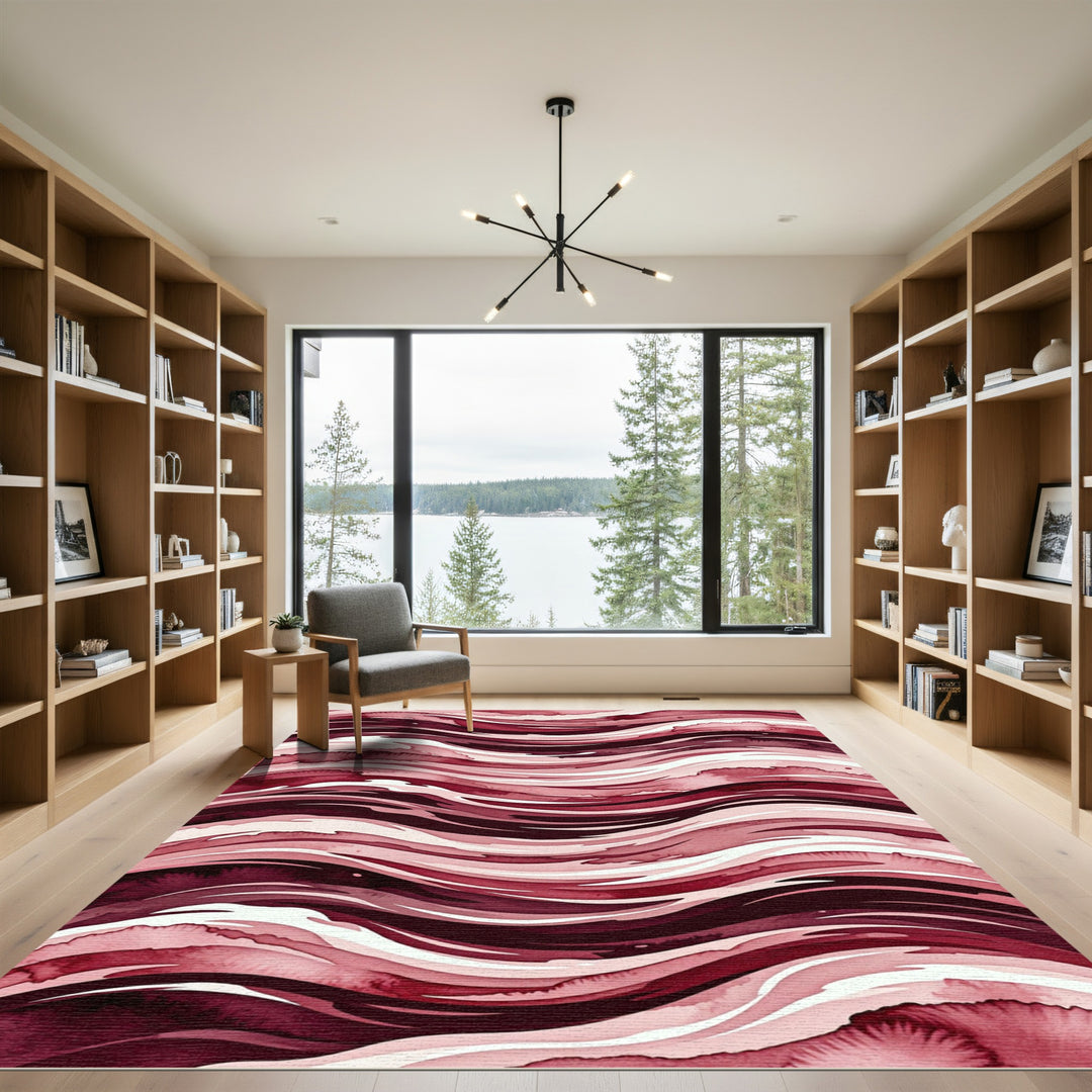 Crimson Watercolor Wavy Strokes Rug