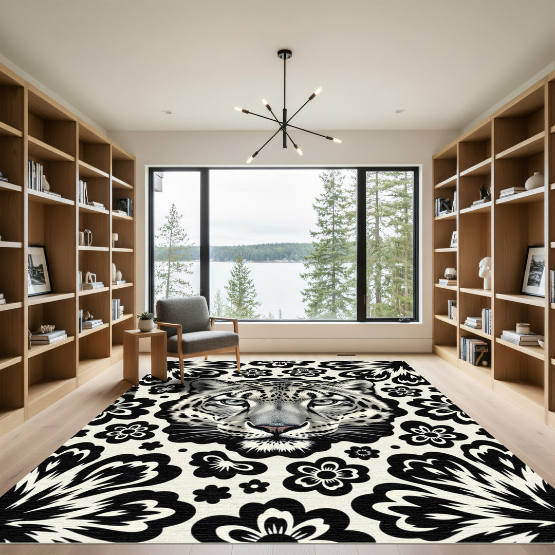 Black White Leopard Floral Rug