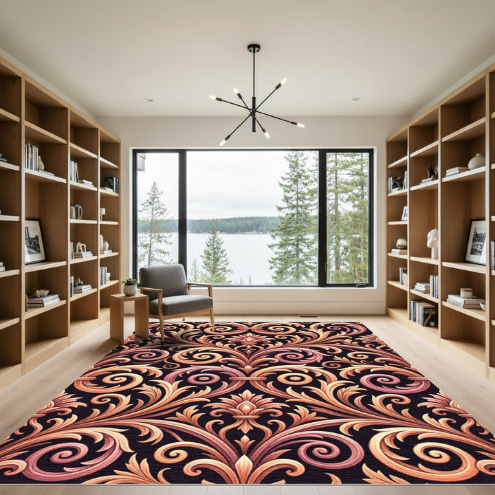 Ornate Gold and Rose Scrolling Leaves Rug