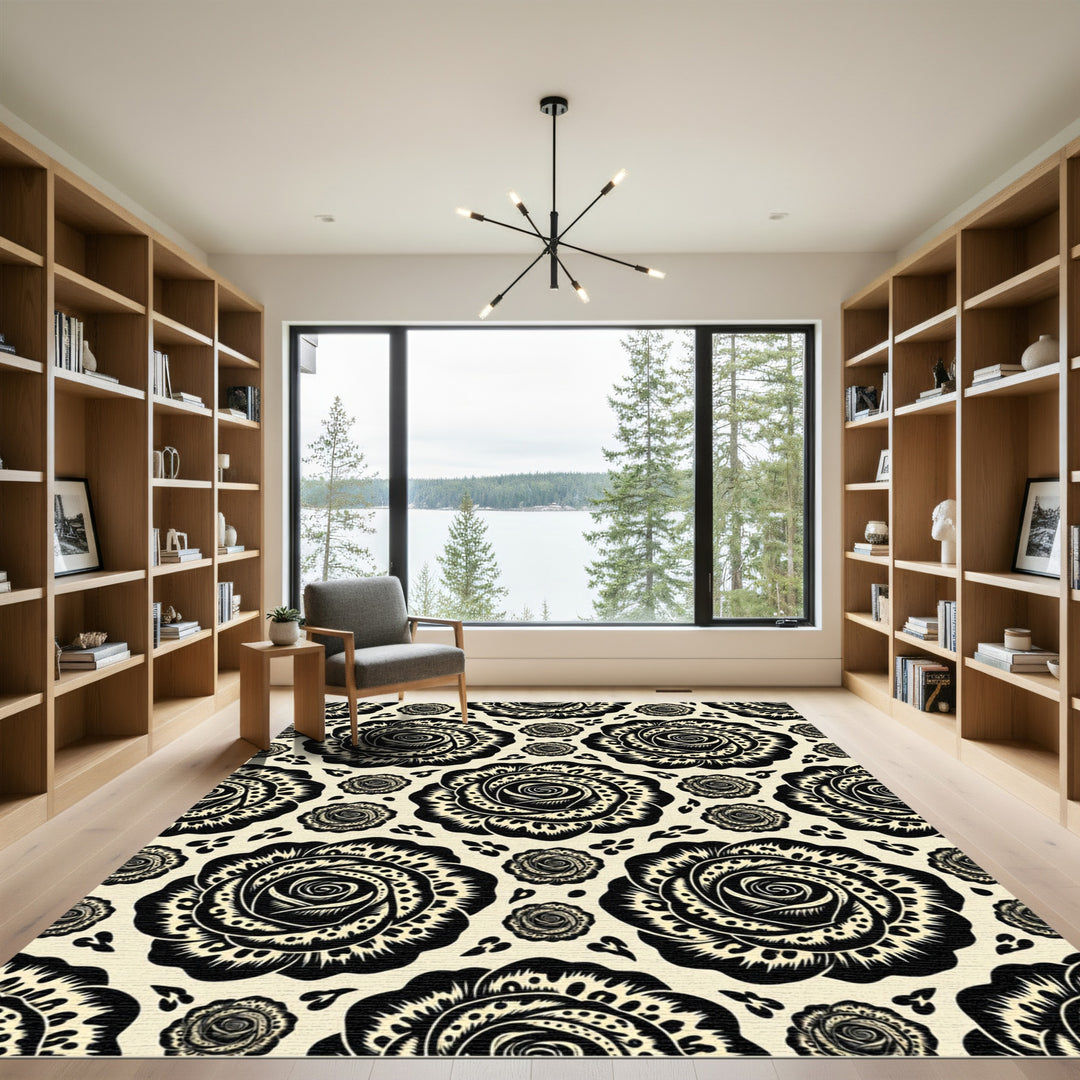 Elegant Black Rose Floral Rug