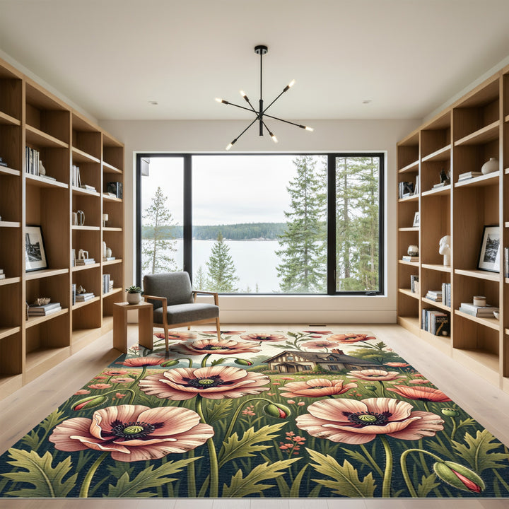 Peach Poppy Garden Cottage Scene Rug