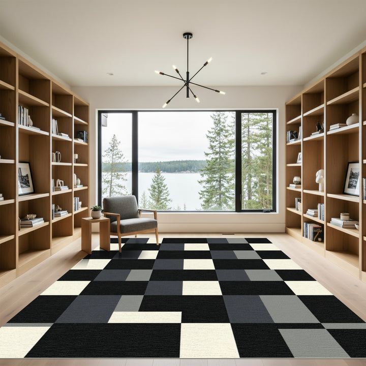 Geometric Black White Gray Squares Rug