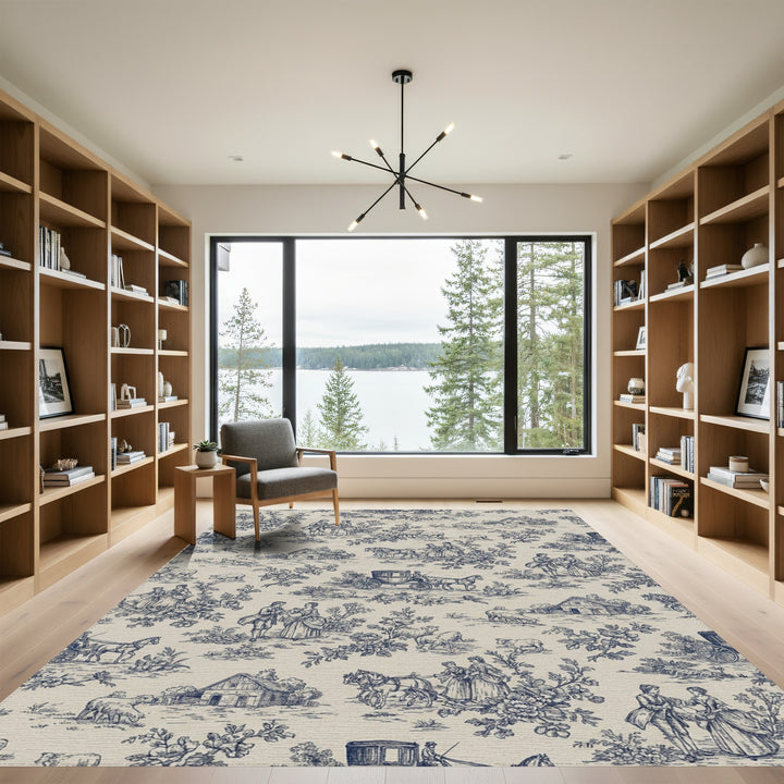 Vintage Blue Countryside Carriage Scene Rug