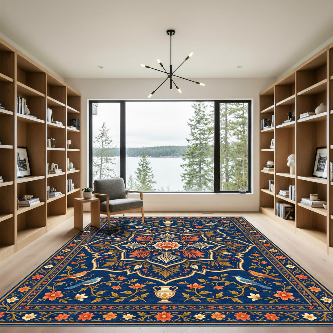 Ornate Blue Floral Bird Vase Medallion Rug