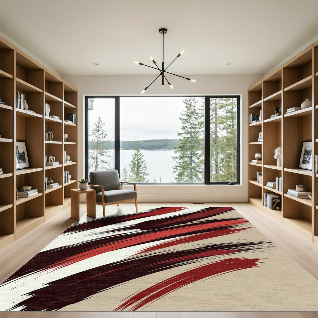 Crimson Scarlet Abstract Brush Stroke Rug