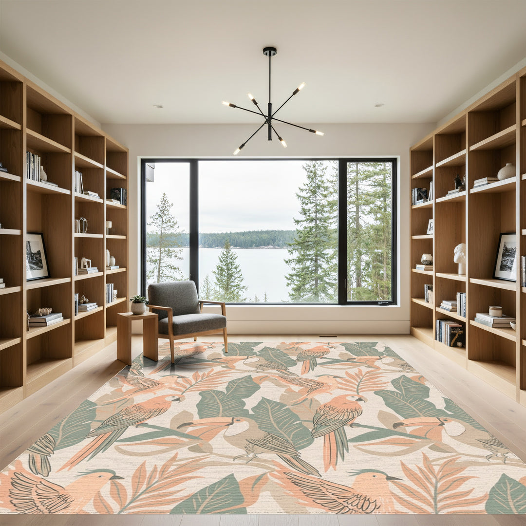 Tropical Birds Orange Green Leaves Rug