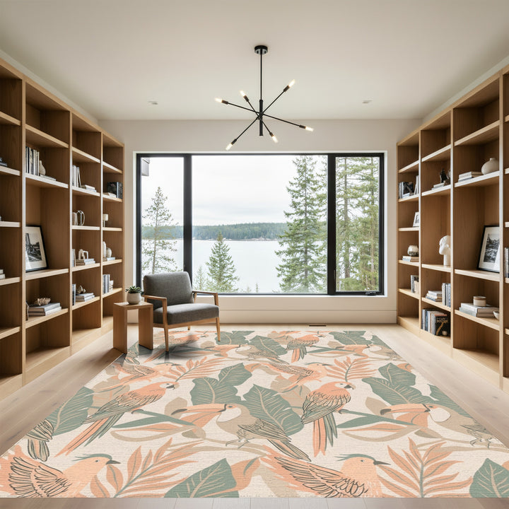 Tropical Birds Orange Green Leaves Rug