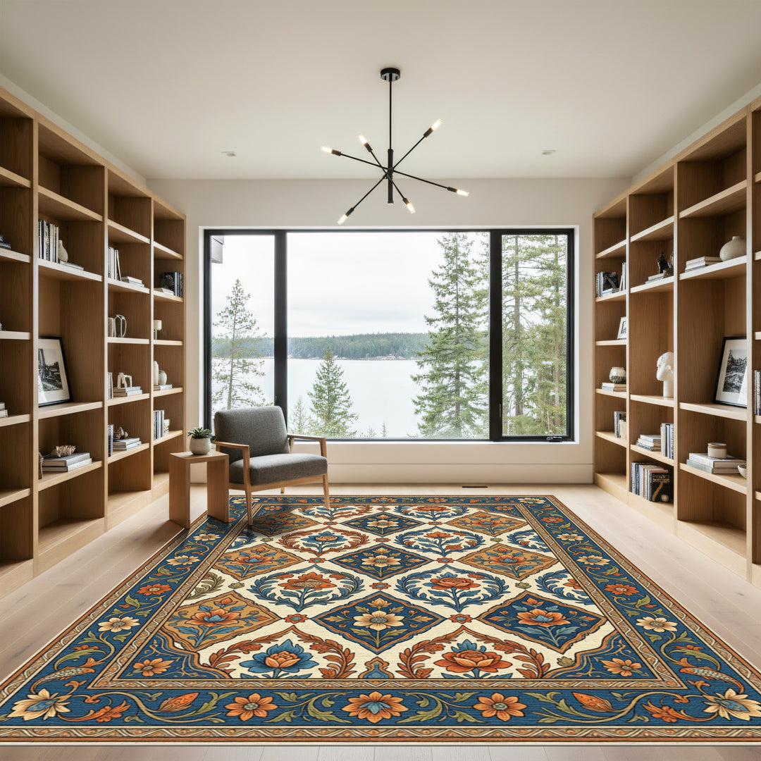Rich Blue Orange Floral Medallion Rug