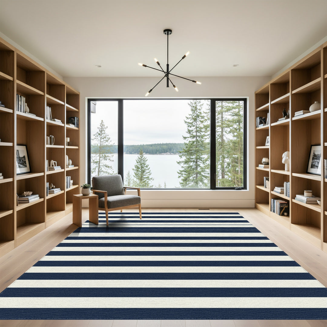 Classic Navy Cream Horizontal Stripes Rug