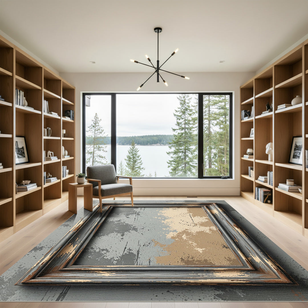 Distressed Gray Beige Splatter Abstract Rug