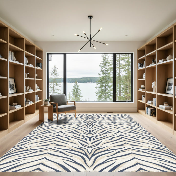 Cream And Navy Tiger Stripe Rug