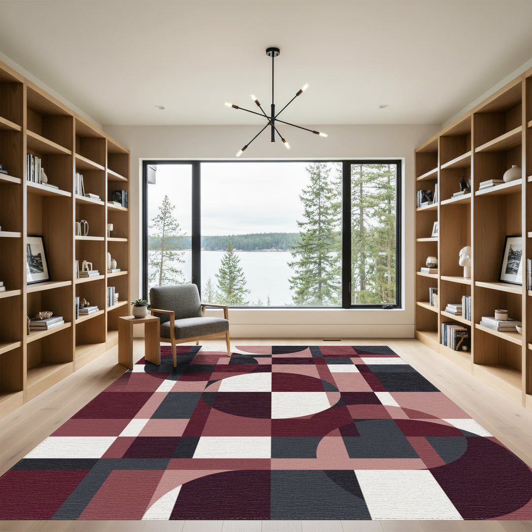 Geometric Crimson Circles Squares Rug