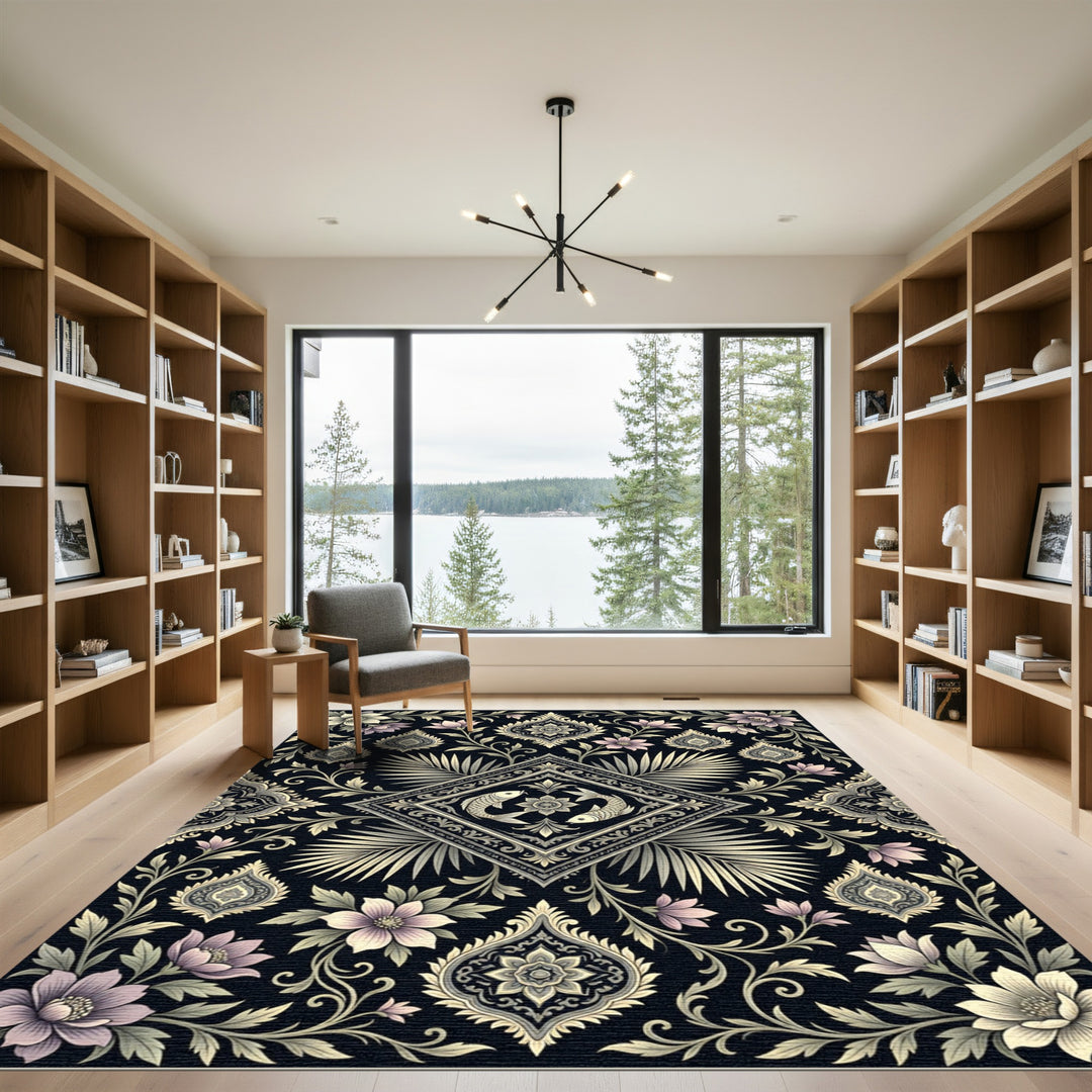 Elegant Black Floral Fish Medallion Rug