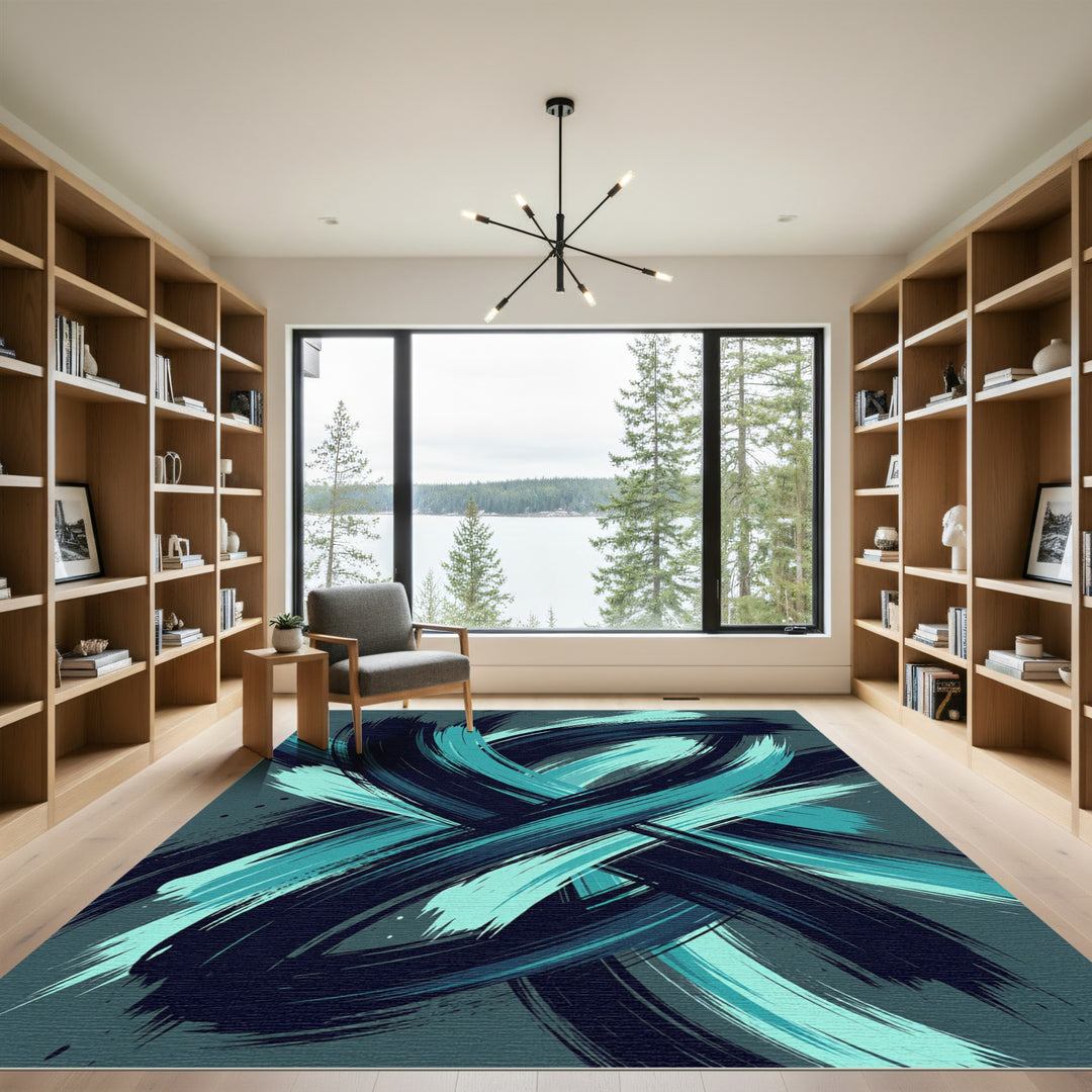 Deep Teal Abstract Brush Stroke Rug