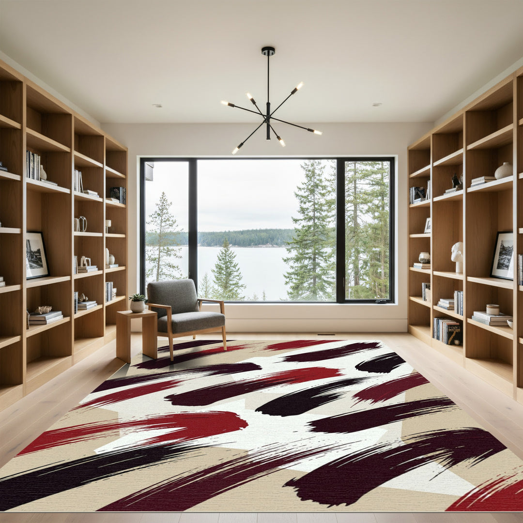 Abstract Brushstroke Crimson and Beige Rug