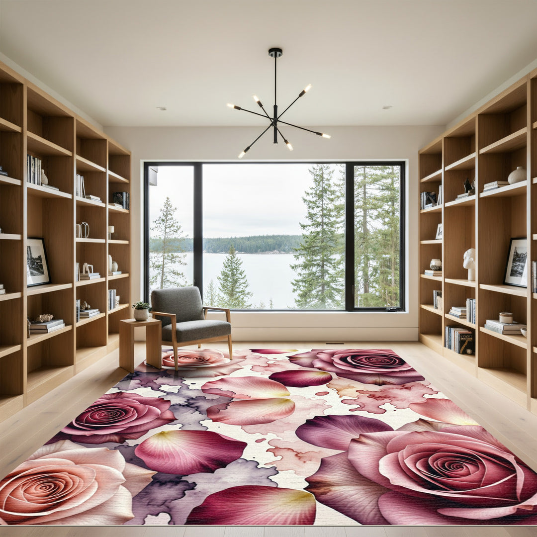 Pink Rose Petal Watercolor Bloom Rug