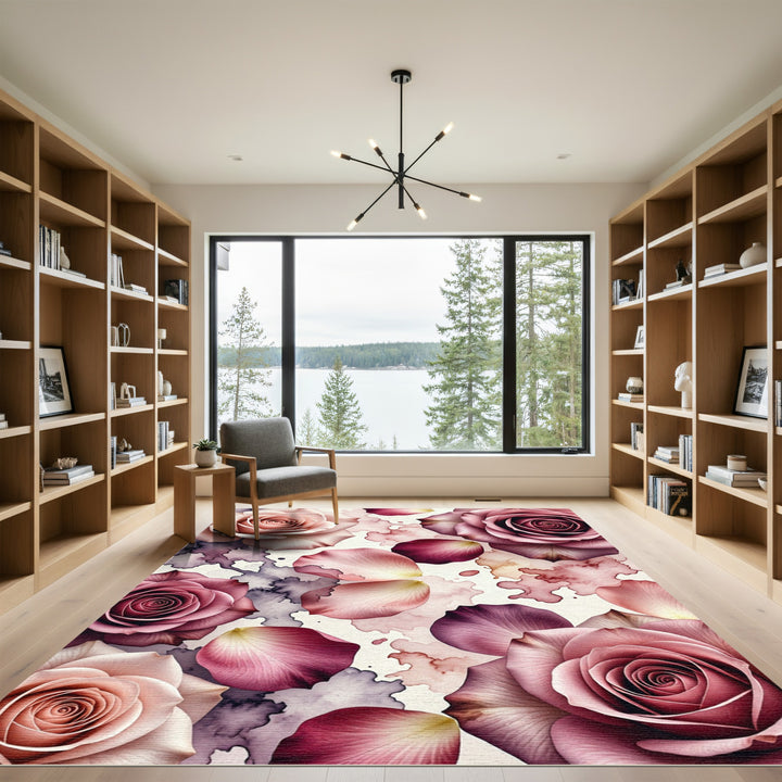Pink Rose Petal Watercolor Bloom Rug