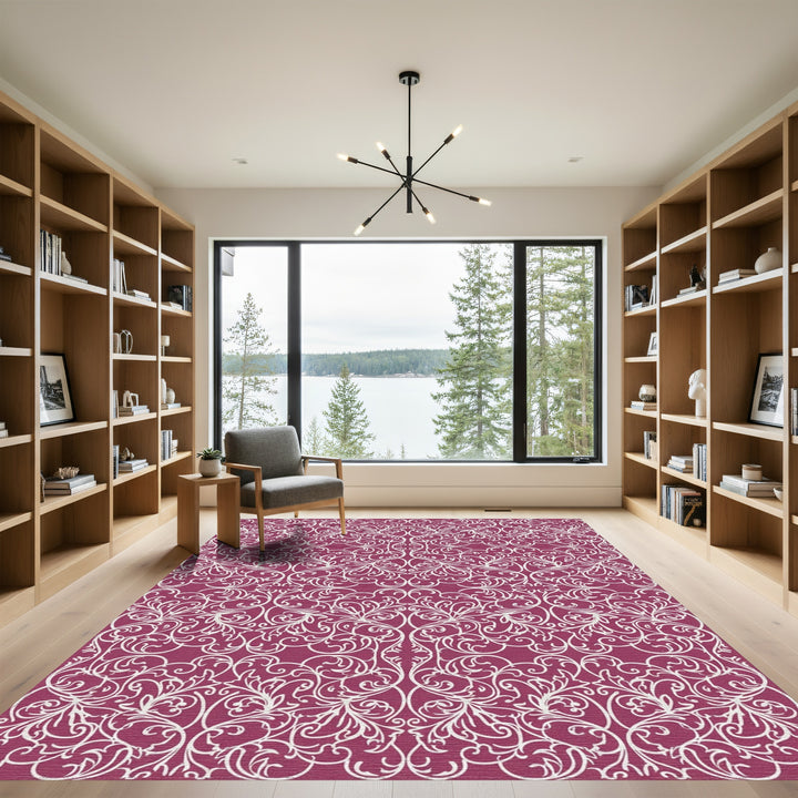 Crimson White Floral Damask Rug