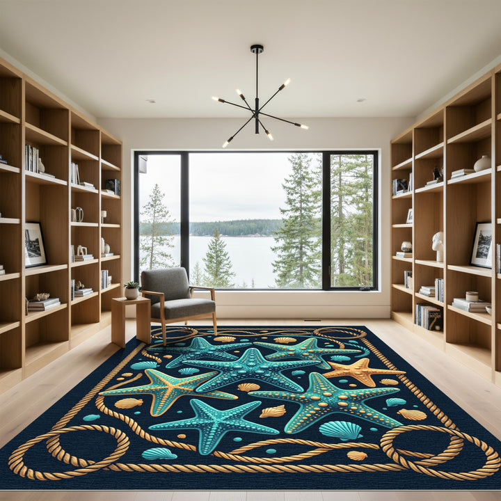 Nautical Starfish Seashell Rope Arrangement Rug