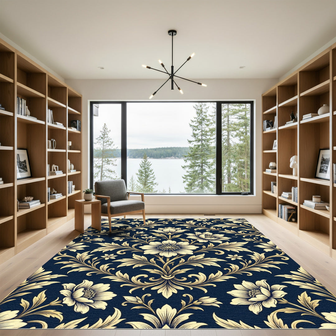 Elegant Golden Floral Damask Rug