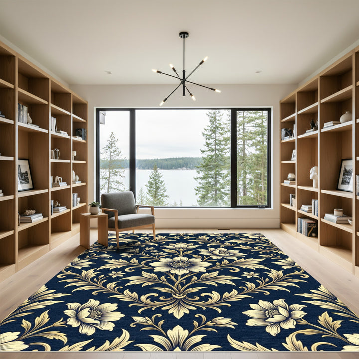 Elegant Golden Floral Damask Rug