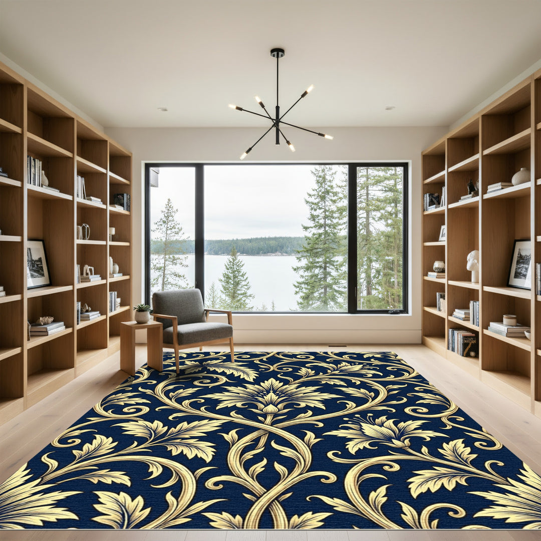 Elegant Gold Flourish Navy Rug