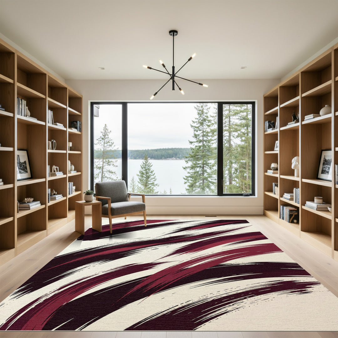 Elegant Burgundy Brushstroke Abstract Rug