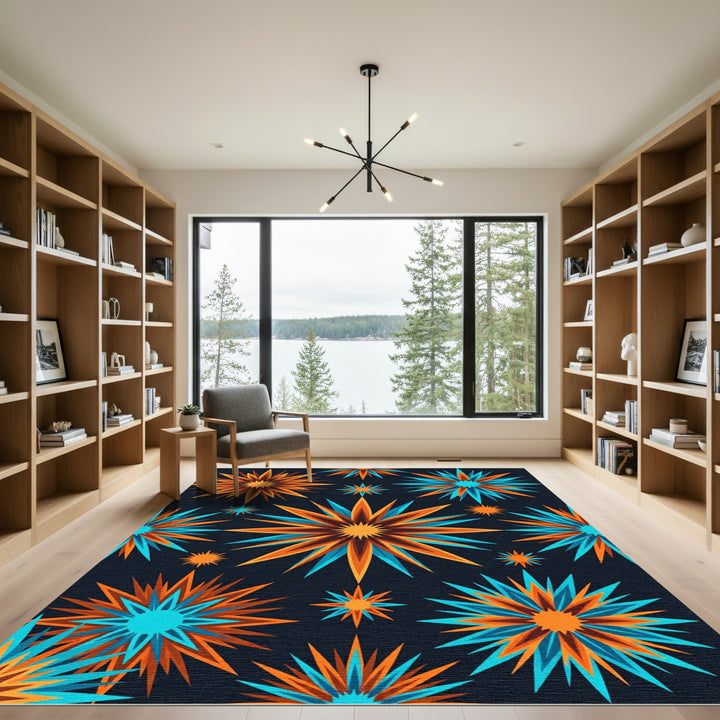 Vibrant Orange Blue Starburst Rug
