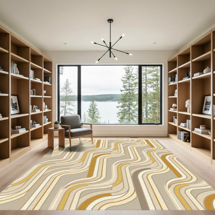 Retro Wavy Stripe Gold Cream Rug