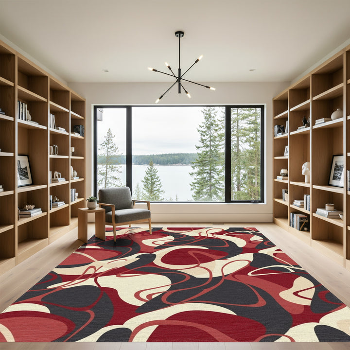 Warm Red Abstract Wavy Flow Rug