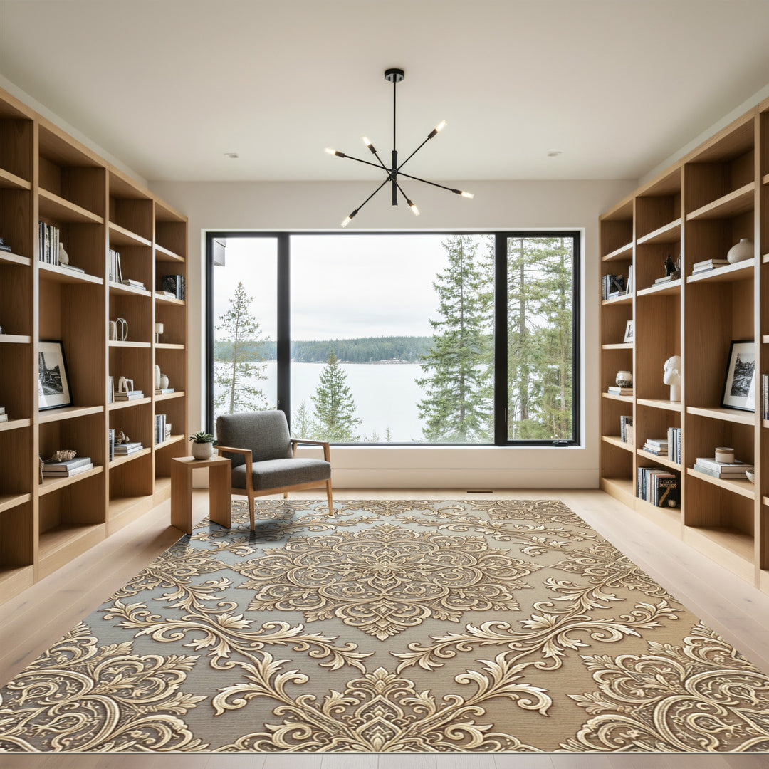 Ornate Gold Damask Scroll Rug