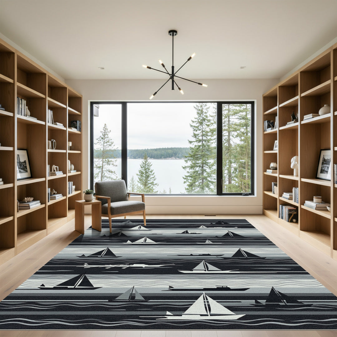 Nautical Sailboats Navy Gray Stripe Rug