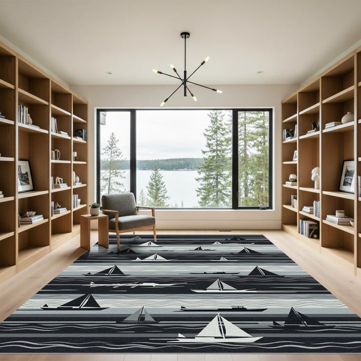 Nautical Sailboats Navy Gray Stripe Rug