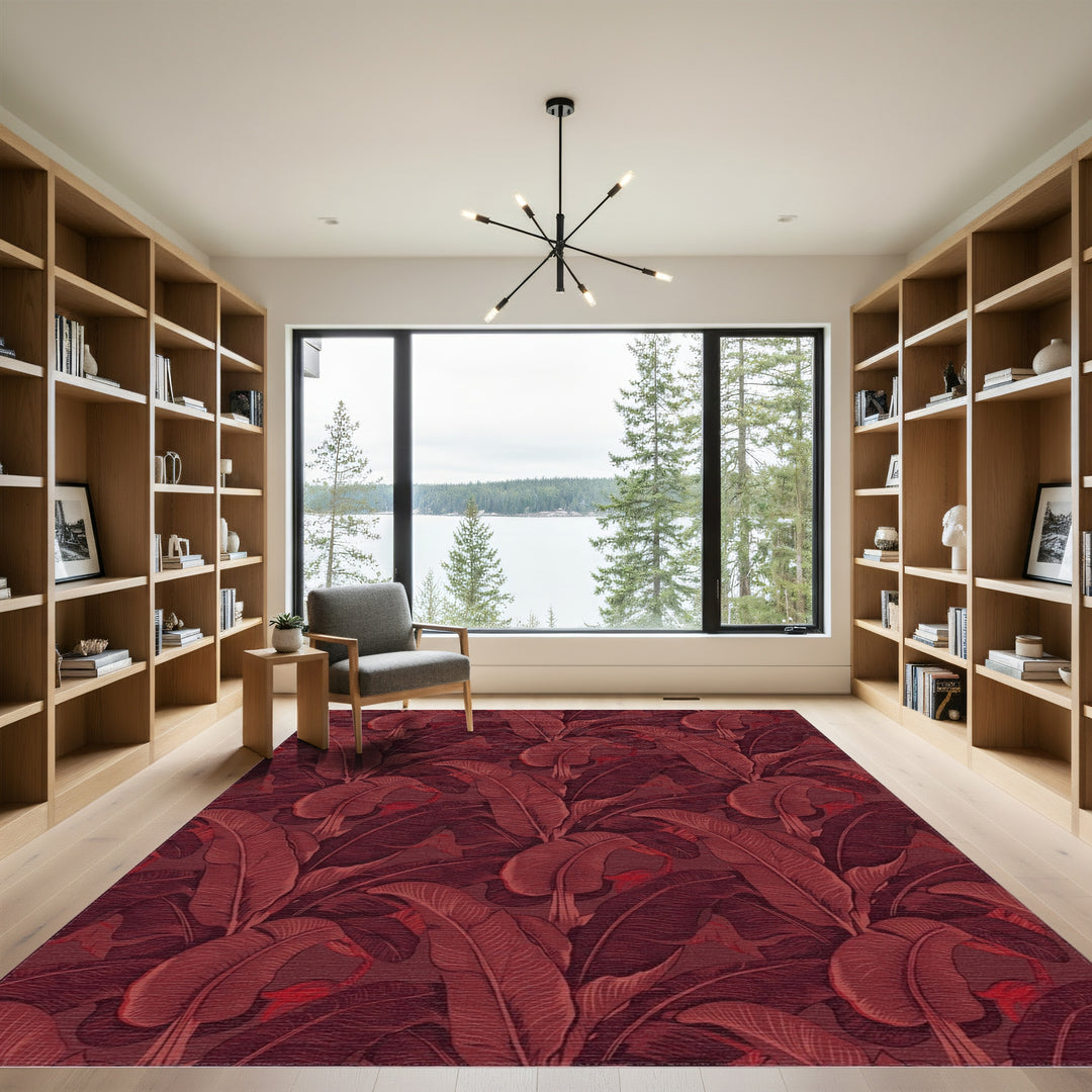 Deep Red Tropical Leaf Arrangement Rug