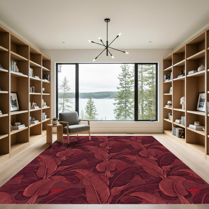 Deep Red Tropical Leaf Arrangement Rug