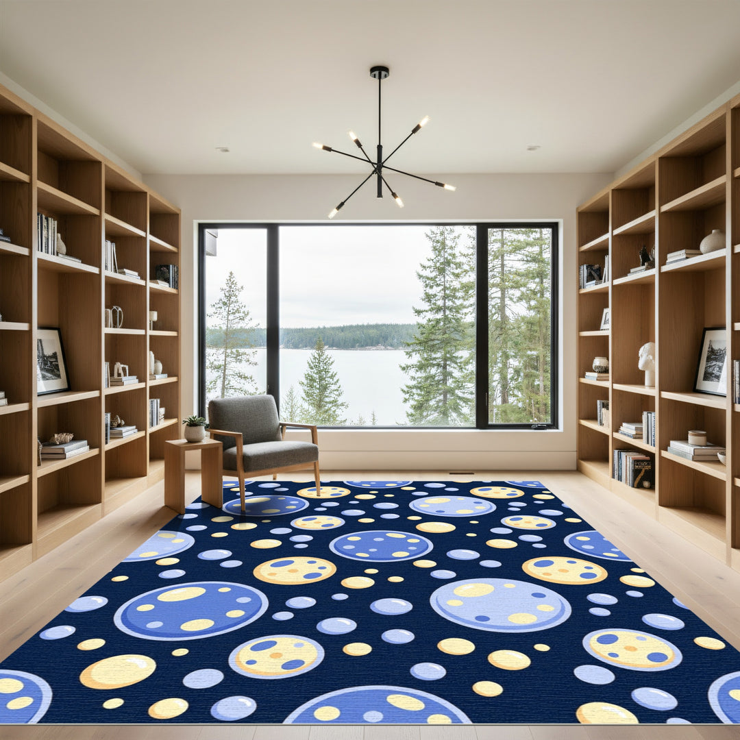 Circular Blue Yellow Orbs Dark Background Rug