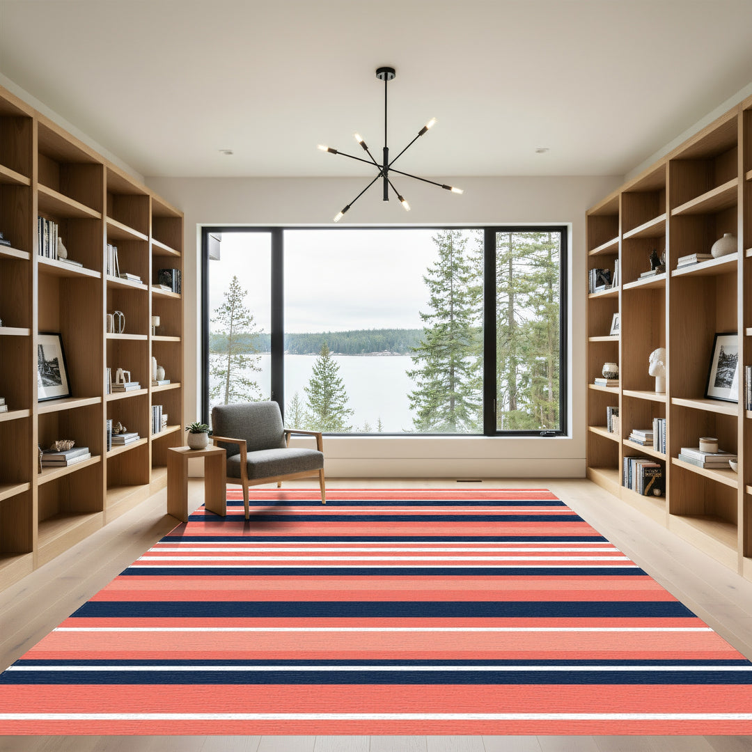 Coral Navy White Horizontal Stripe Rug