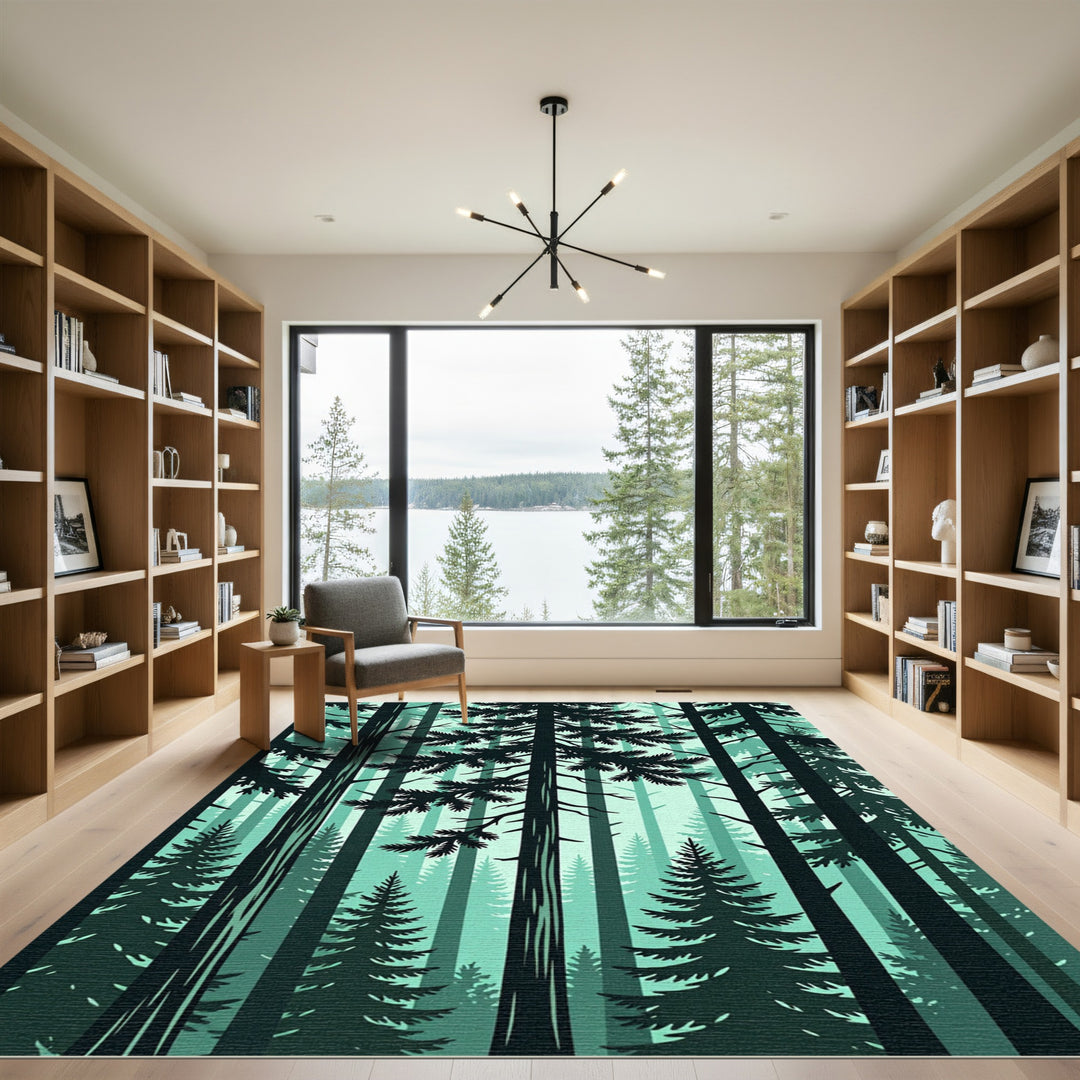 Emerald Forest Silhouette Tall Trees Rug