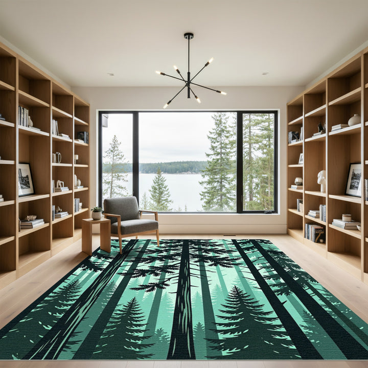 Emerald Forest Silhouette Tall Trees Rug