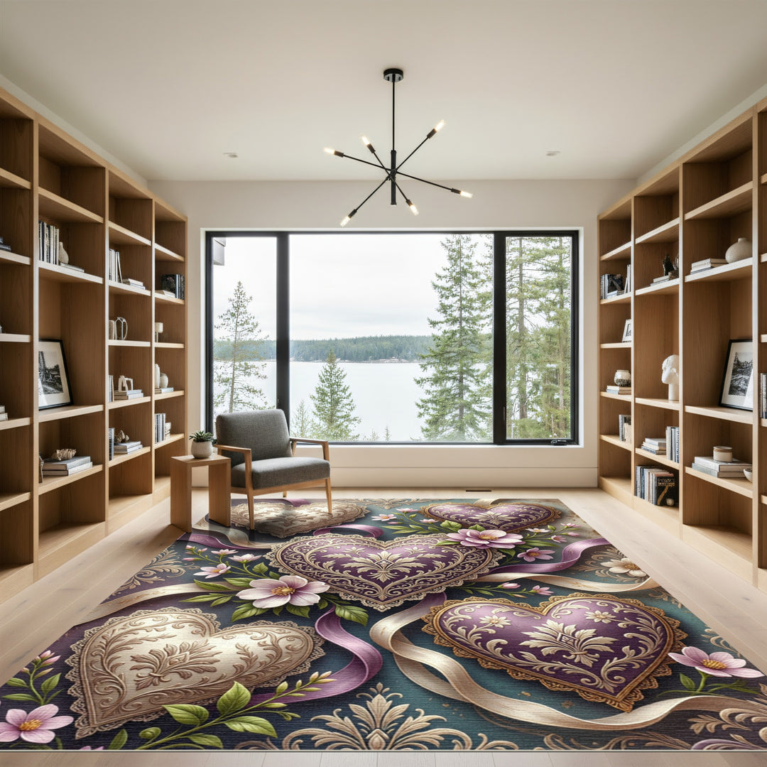 Ornate Vintage Purple Heart Floral Rug